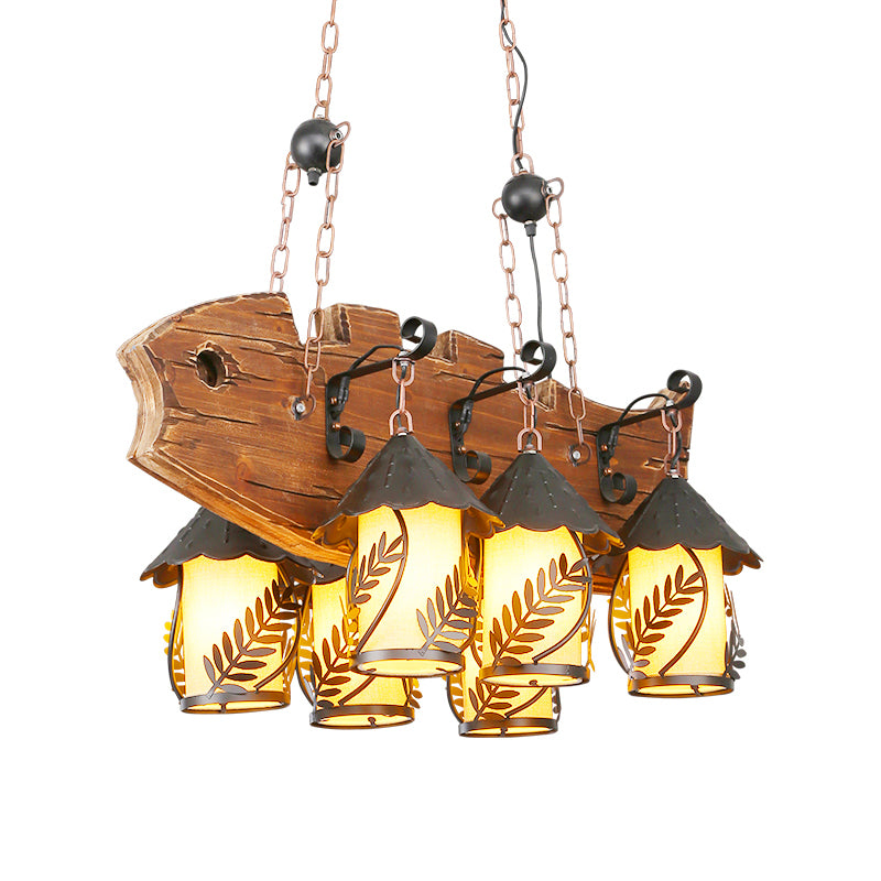 6 Lights Island Lamp Factory Fish-Shaped White Fabric/Clear Glass Hanging Lamp Kit in Black for Dining Room with Metal Arm