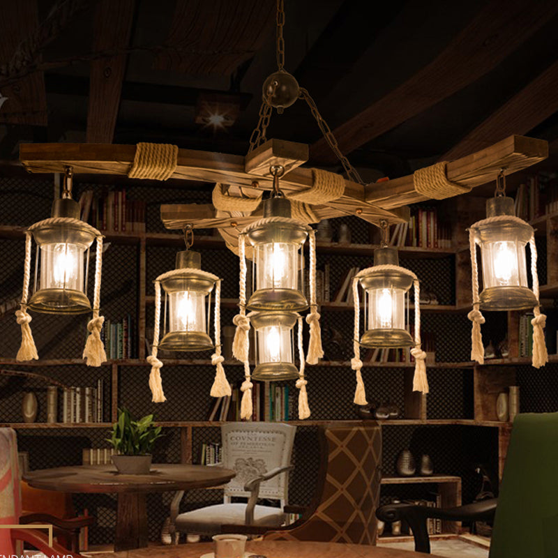 Lantern Restaurant Island Light Warehouse Clear Glass 6 Lights Wood Hanging Lamp