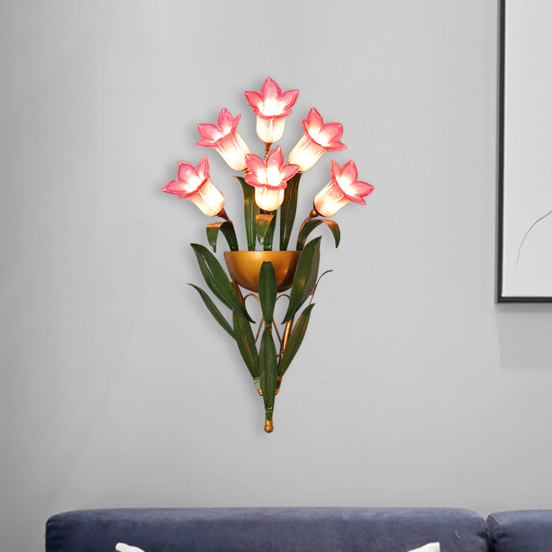 Green/Purple Glass Morning Glory Sconce 6/10 Lights Bedroom Wall Light Fixture with Leaf Deco