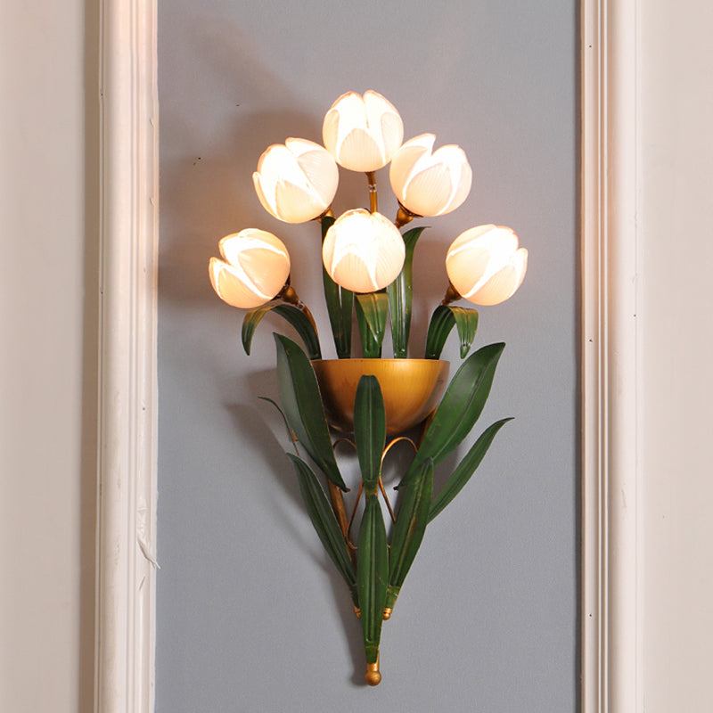 Pink Glass Brass Sconce Light Lotus 6 Lights Traditional Wall Mounted Lighting for Bedroom