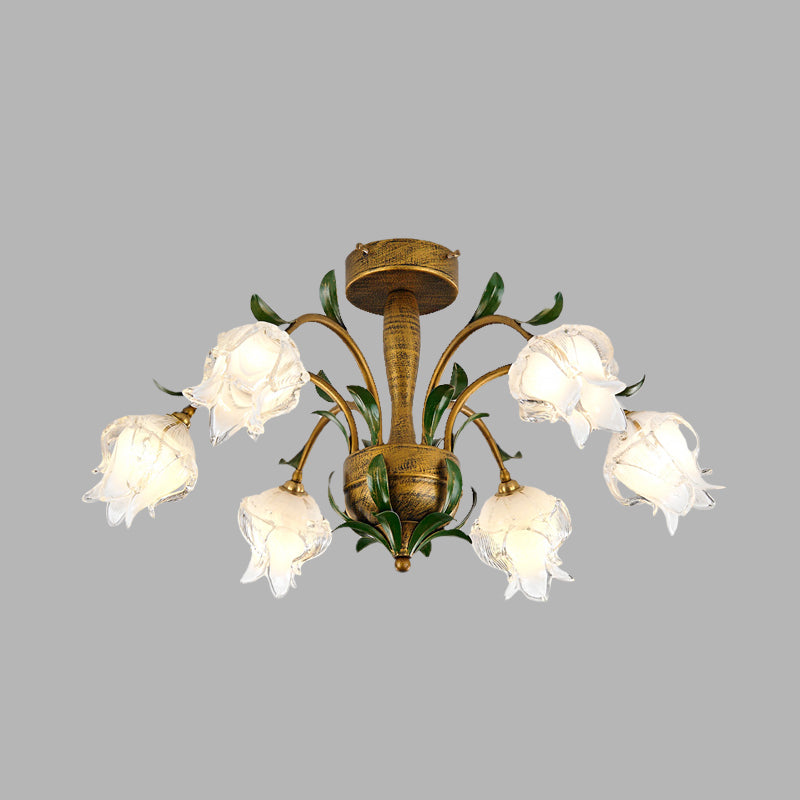 Camera da letto Blossom Semi Flush Light Countryside Bianco/Giallo in vetro 6 luci Accensione del soffitto in ottone