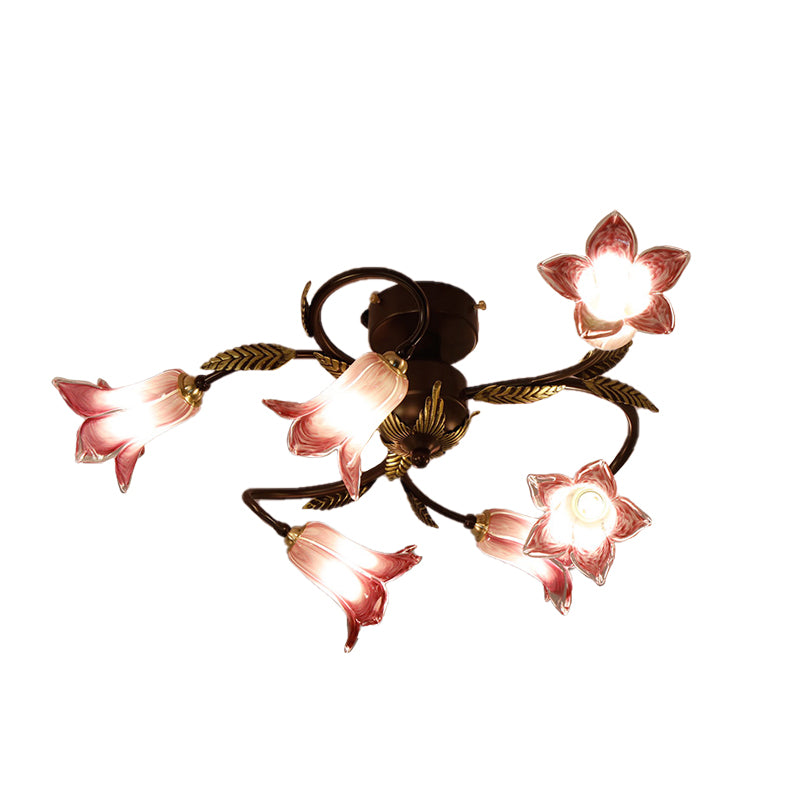 Lodge bloem semi spoeling Mount verlichting 6 lichten wit/geel/paars glazen plafondlamp voor slaapkamer