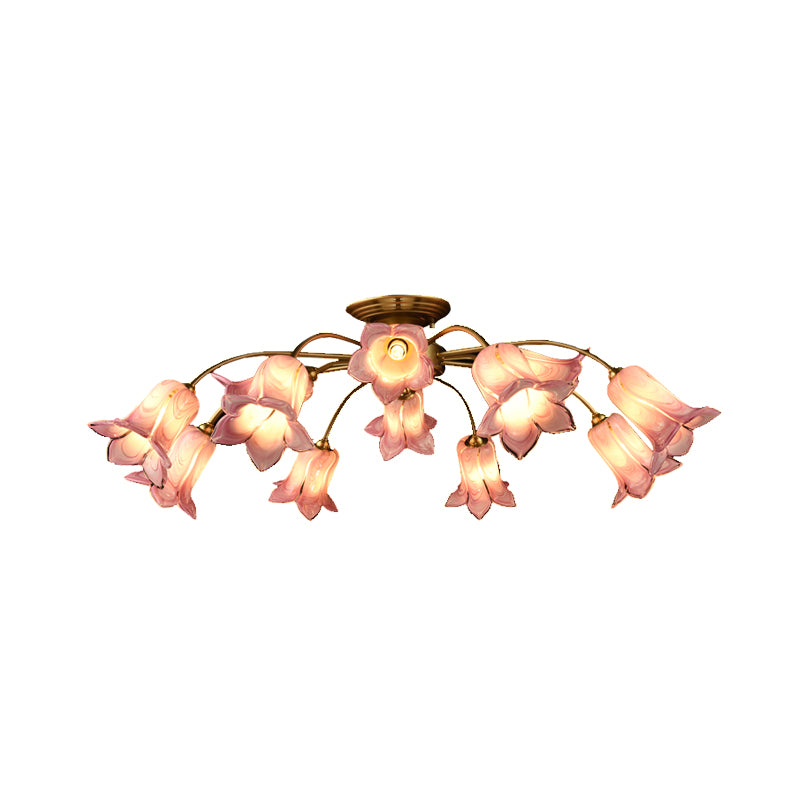 12 lichten semi -flush mount minimalisme bloesem wit/paars glas dicht bij plafondlamp voor slaapkamer