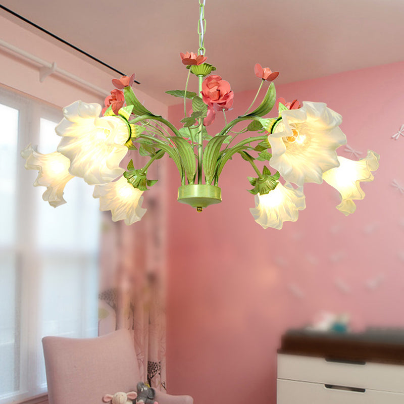 Traditional Flower Hanging Pendant 6 Heads Cream Glass Chandelier Lighting Fixture in Green for Bedroom
