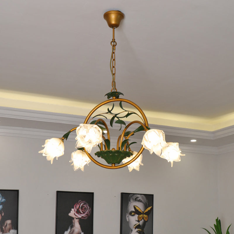 Floral Dining Room Ceiling Chandelier Traditional White/Yellow/Purple Glass 6 Heads Hanging Light Fixture