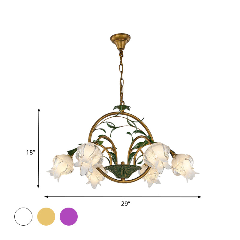 Floral Dining Room Ceiling Chandelier Traditional White/Yellow/Purple Glass 6 Heads Hanging Light Fixture