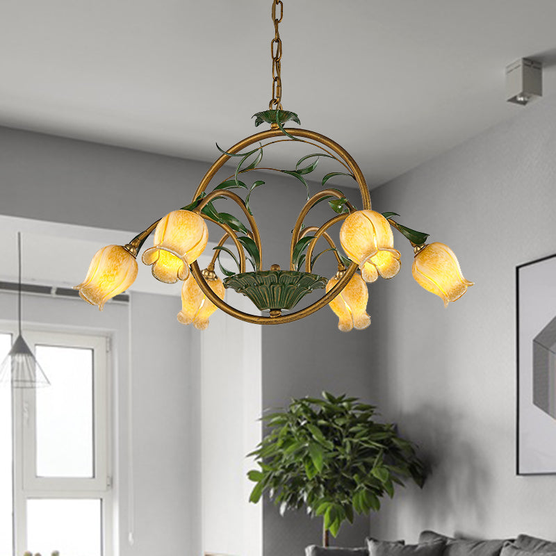 Floral Dining Room Ceiling Chandelier Traditional White/Yellow/Purple Glass 6 Heads Hanging Light Fixture