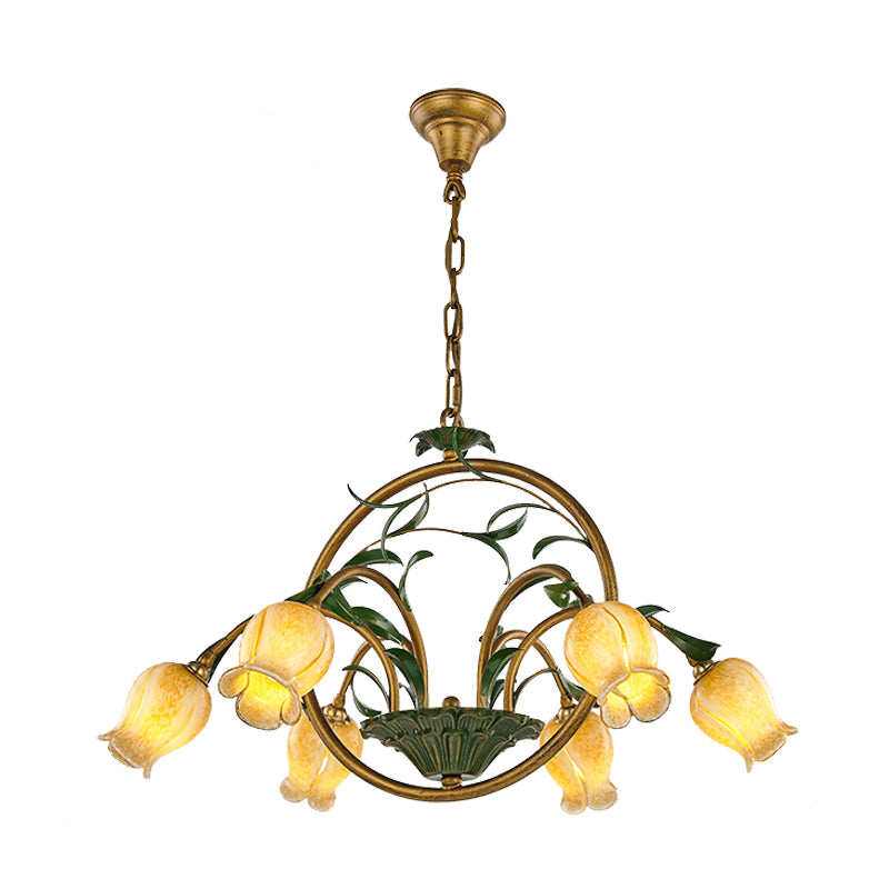 Floral Dining Room Ceiling Chandelier Traditional White/Yellow/Purple Glass 6 Heads Hanging Light Fixture