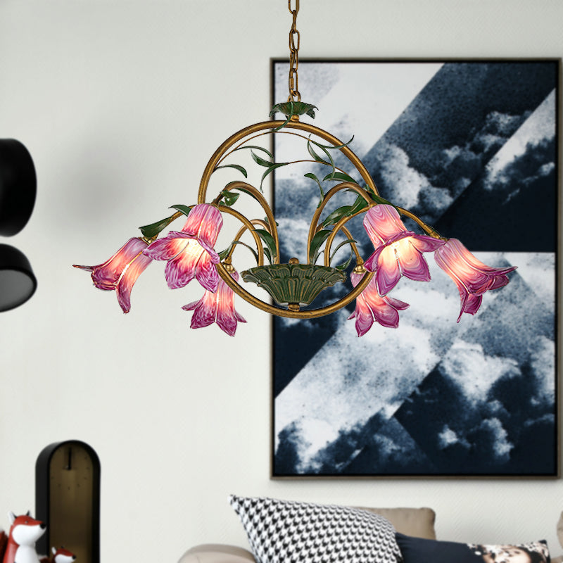 Floral Dining Room Ceiling Chandelier Traditional White/Yellow/Purple Glass 6 Heads Hanging Light Fixture