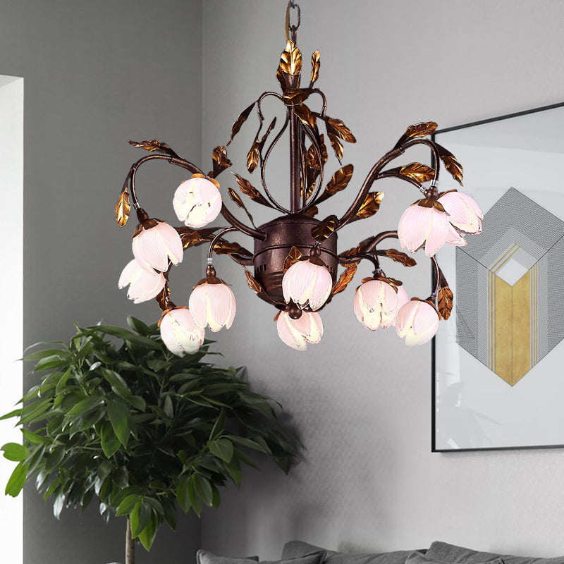 Purple Glass Blossom Chandelier Country Style 12 Heads Dining Room Pendant Light Fixture in Brown