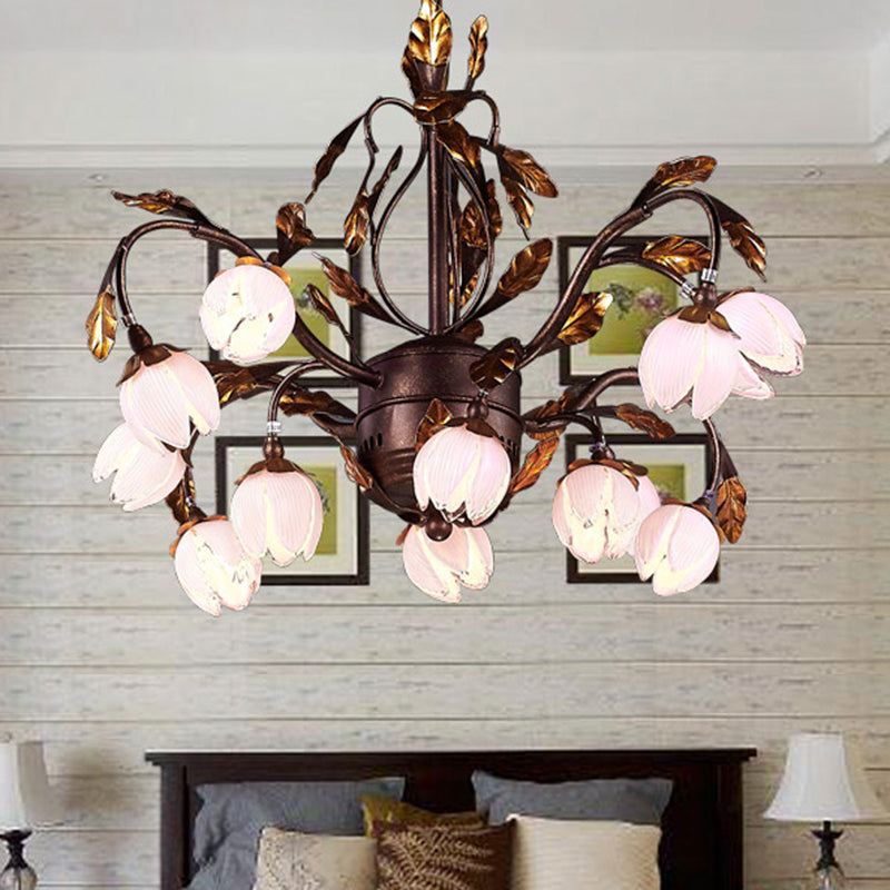 Purple Glass Blossom Chandelier Country Style 12 Heads Dining Room Pendant Light Fixture in Brown