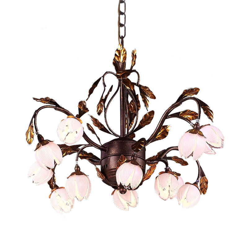 Purple Glass Blossom Chandelier Country Style 12 Heads Dining Room Pendant Light Fixture in Brown