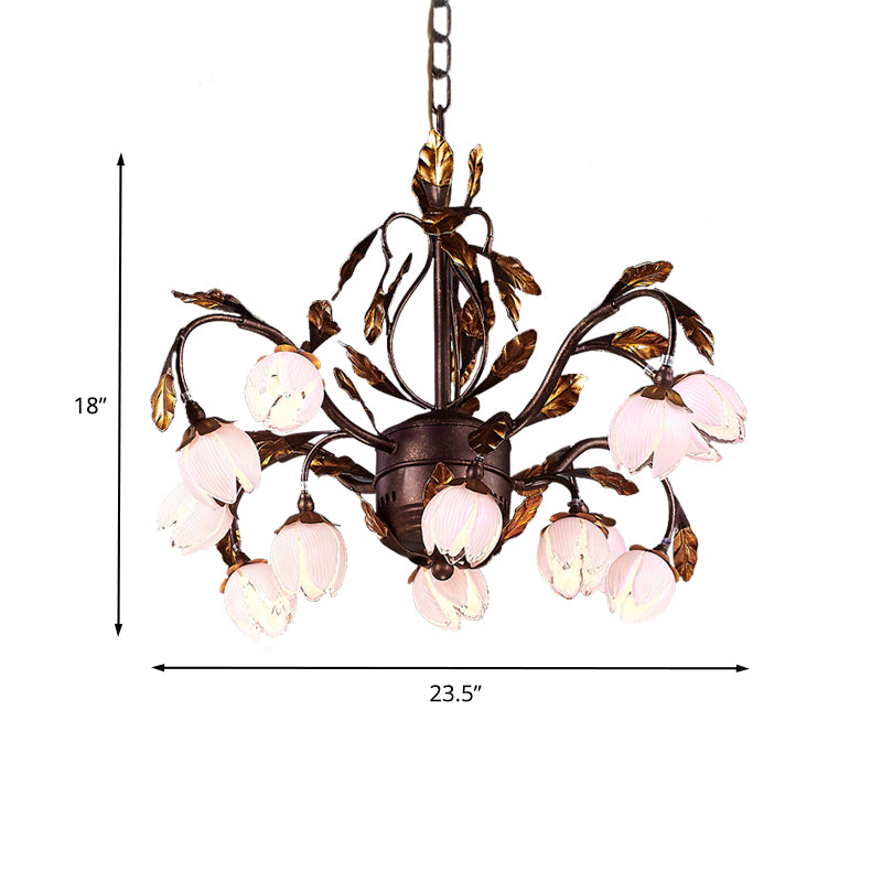 Purple Glass Blossom Chandelier Country Style 12 Heads Dining Room Pendant Light Fixture in Brown