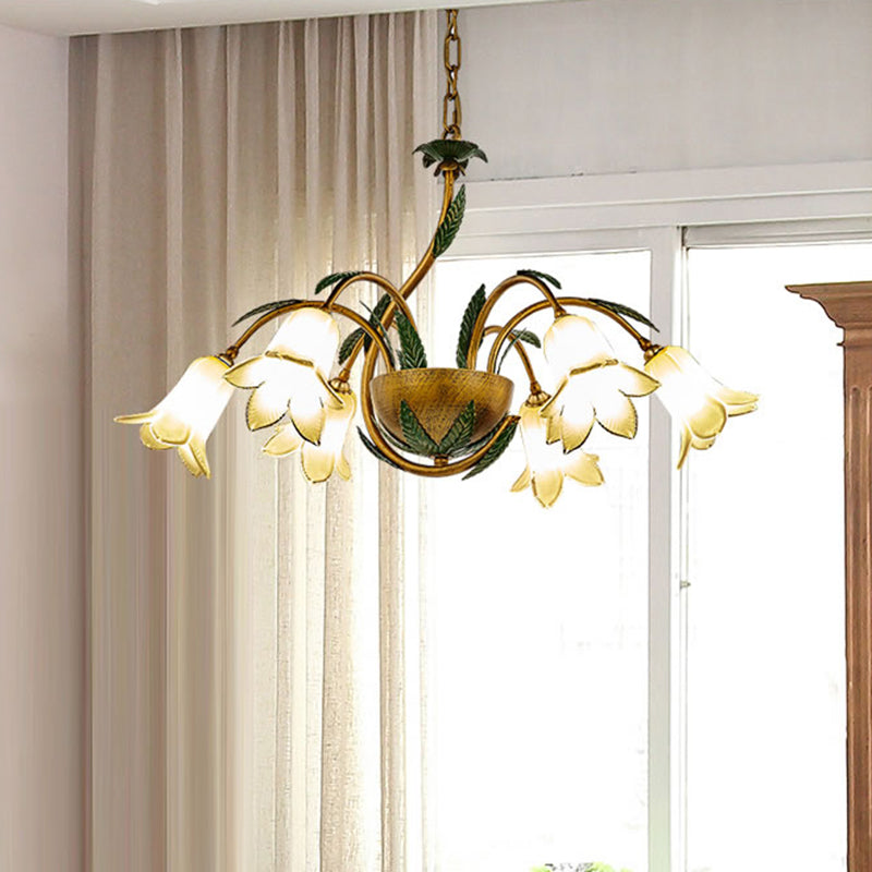Brass 6 Heads Chandelier Lighting Vintage White/Purple Glass Bloom Pendant Ceiling Light for Bedroom