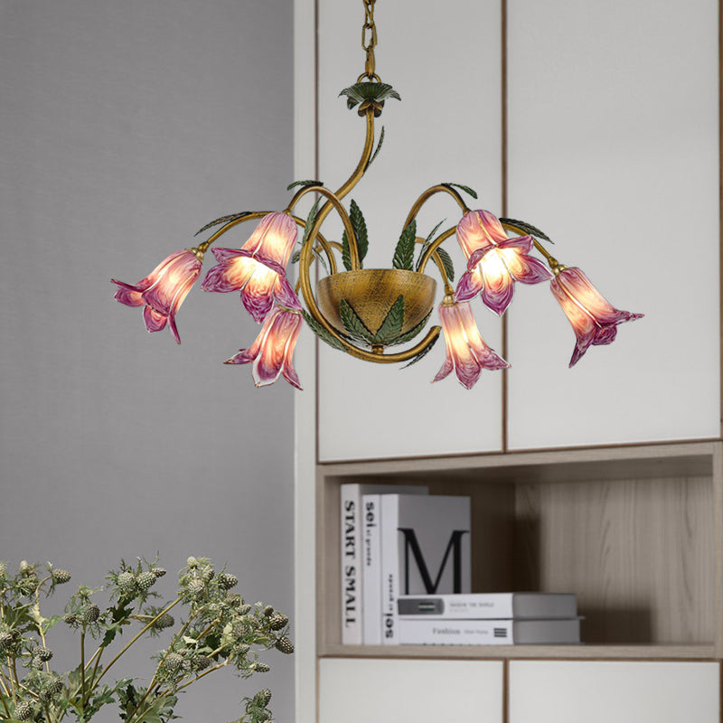 Brass 6 Heads Chandelier Lighting Vintage White/Purple Glass Bloom Pendant Ceiling Light for Bedroom