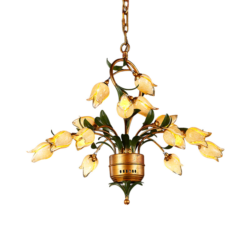 Brass Flower LED Hanging Chandelier Pastoral Frosted Glass 15 Lights Living Room Ceiling Pendant