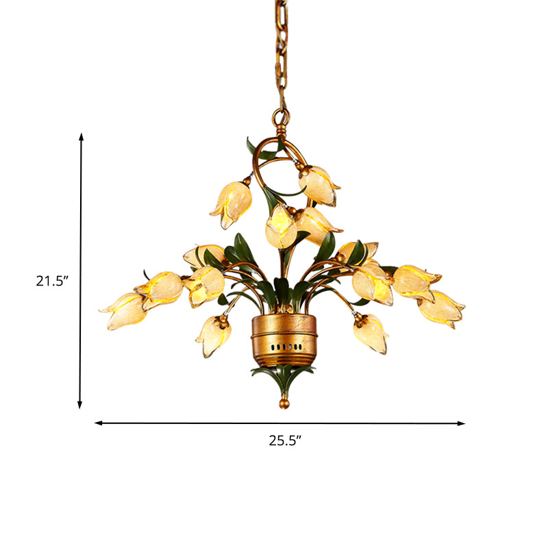 Brass Flower LED Hanging Chandelier Pastoral Frosted Glass 15 Lights Living Room Ceiling Pendant