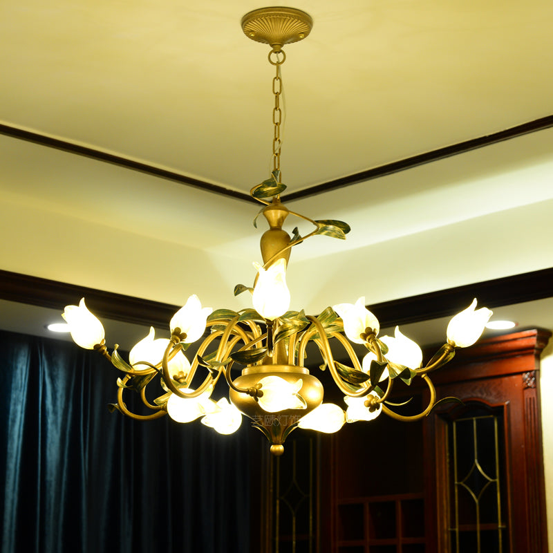 Frosted Glass Brass Hanging Chandelier Floral 15 Lights Countryside Down Lighting Pendant for Bedroom