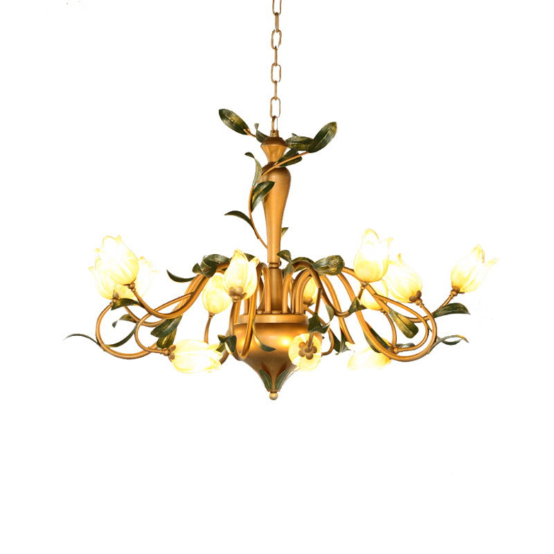 Frosted Glass Brass Hanging Chandelier Floral 15 Lights Countryside Down Lighting Pendant for Bedroom