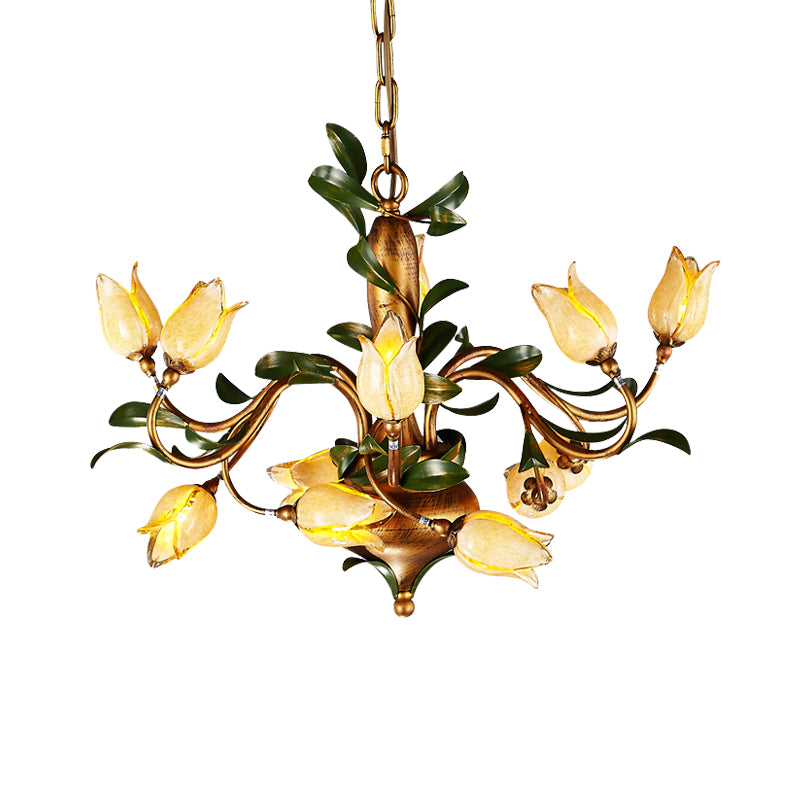 Traditional Blossom Chandelier Lighting Fixture 12 Heads Sandblasted Glass Pendant Ceiling Light in Brass