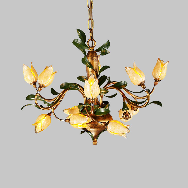 Traditional Blossom Chandelier Lighting Fixture 12 Heads Sandblasted Glass Pendant Ceiling Light in Brass