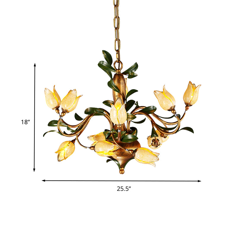Traditional Blossom Chandelier Lighting Fixture 12 Heads Sandblasted Glass Pendant Ceiling Light in Brass