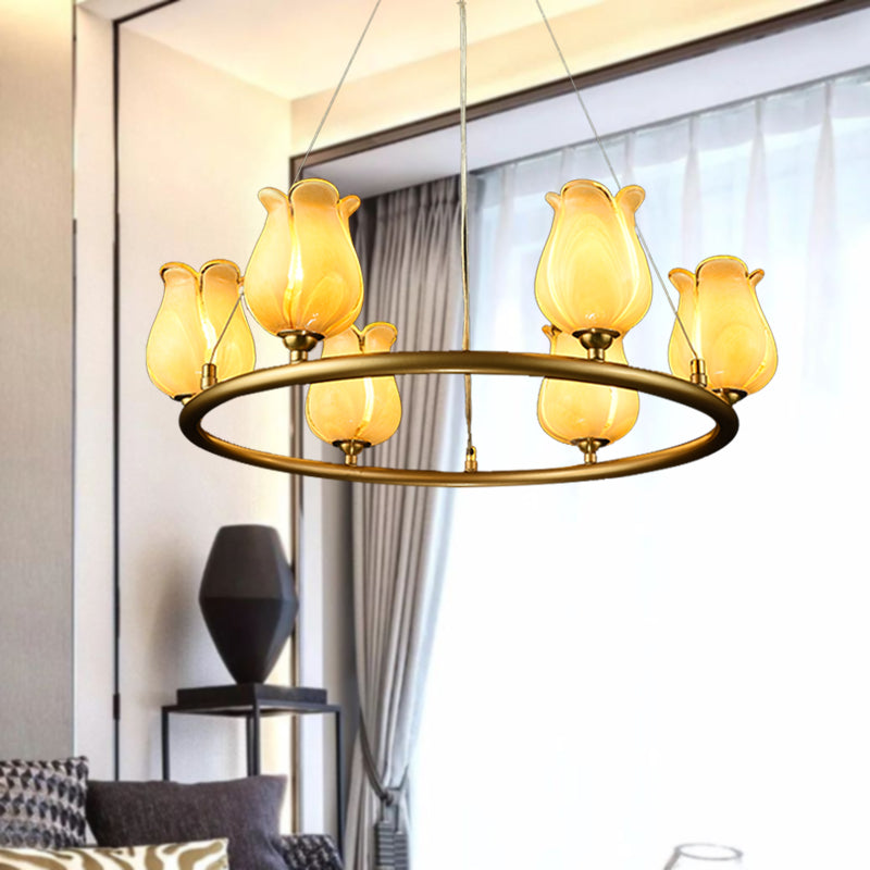 6 Lights Chandelier Pendant Light Traditional Wagon Wheel LED Metal Suspension Lamp with White/Yellow Glass Shade
