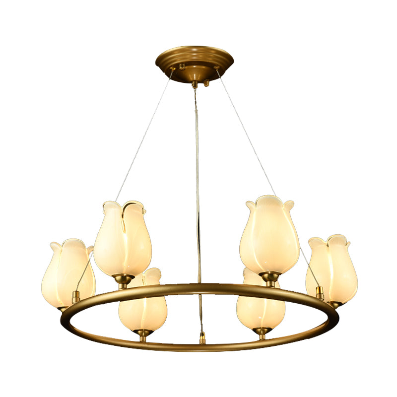 6 Lights Chandelier Pendant Light Traditional Wagon Wheel LED Metal Suspension Lamp with White/Yellow Glass Shade