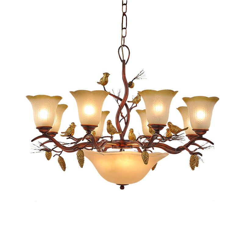 Bell Living Room Chandelier Light Lodge Milky Glass 11 Lights Brown Pendant Lamp
