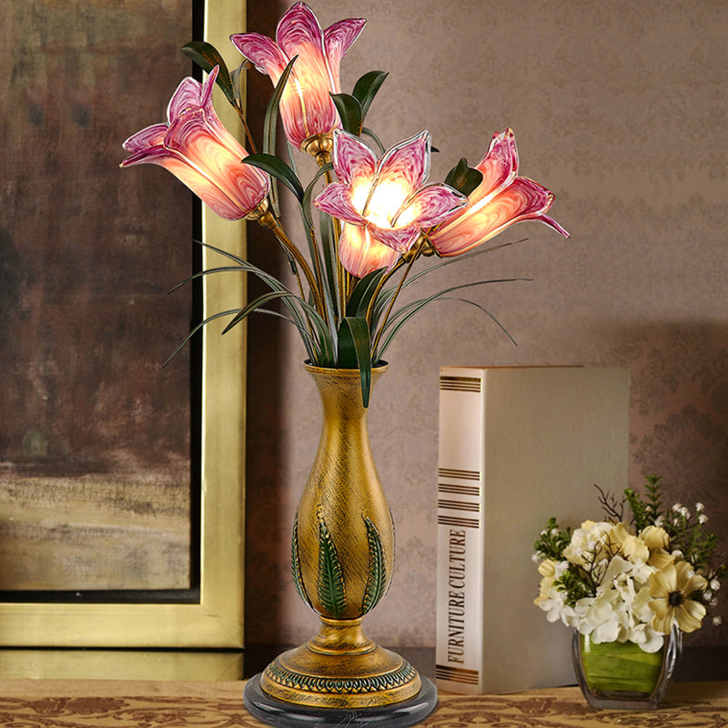 White/Purple Glass Floral Table Light Traditional-Style 4 Lights Bedroom Nightstand Lamp