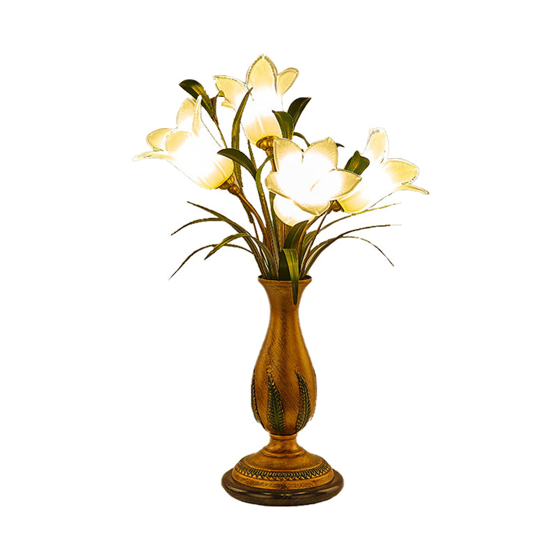 White/Purple Glass Floral Table Light Traditional-Style 4 Lights Bedroom Nightstand Lamp