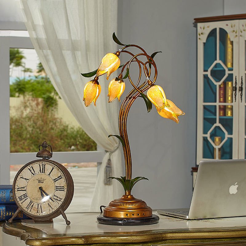 5 Lights Night Table Light Traditional Tulip-Shaped Beige Glass Nightstand Lamp in Brass