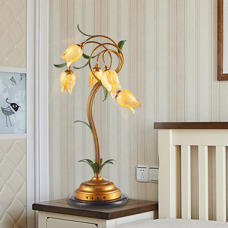 5 Lights Night Table Light Traditional Tulip-Shaped Beige Glass Nightstand Lamp in Brass