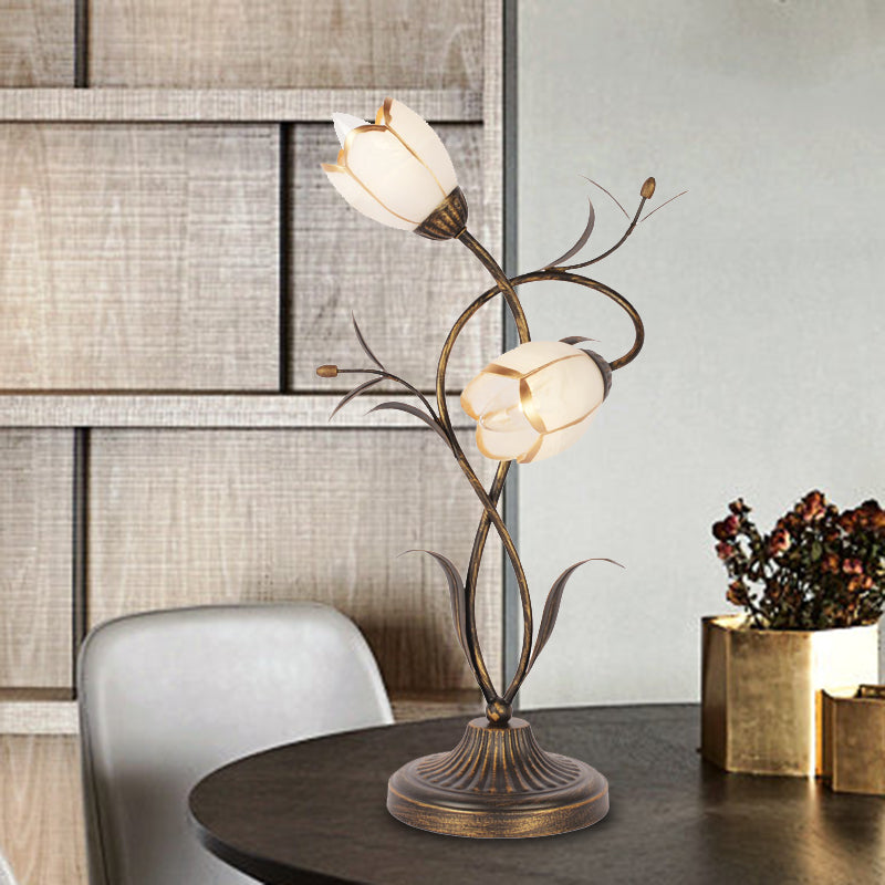 2 Lights Bedroom Night Table Lamp Rural Brass Desk Light with Flower Opal Glass Shade