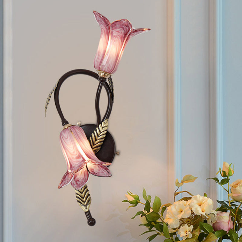 Swooping Arm White/Purple Glass Wall Lamp Countryside 2 Lights Bedroom Sconce Light Fixture in Black/Gold