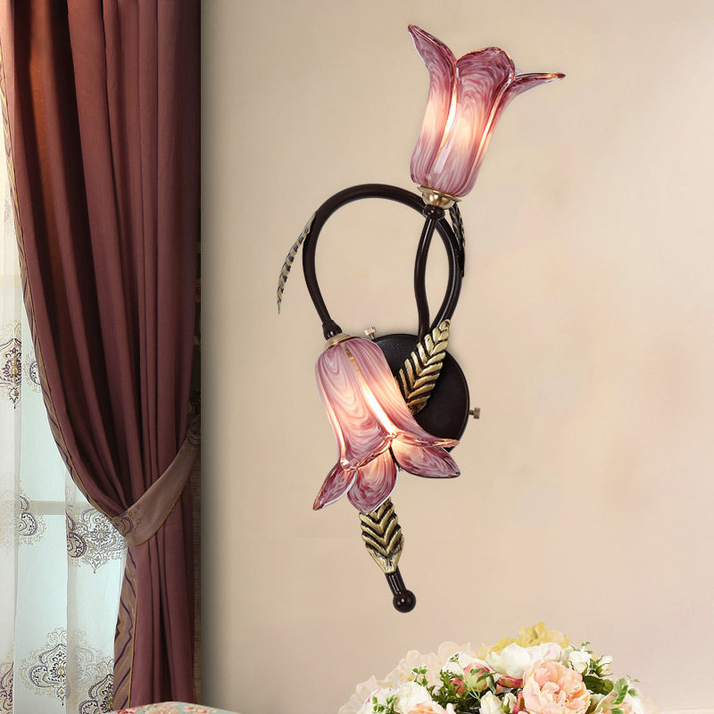 Swooping Arm White/Purple Glass Wall Lamp Countryside 2 Lights Bedroom Sconce Light Fixture in Black/Gold