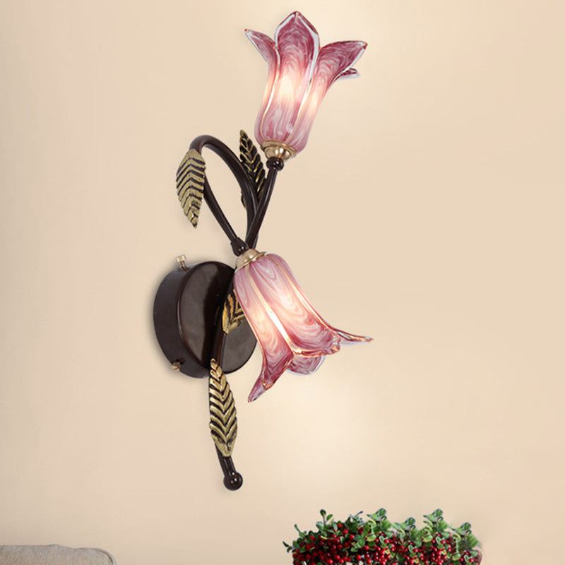 Swooping Arm White/Purple Glass Wall Lamp Countryside 2 Lights Bedroom Sconce Light Fixture in Black/Gold