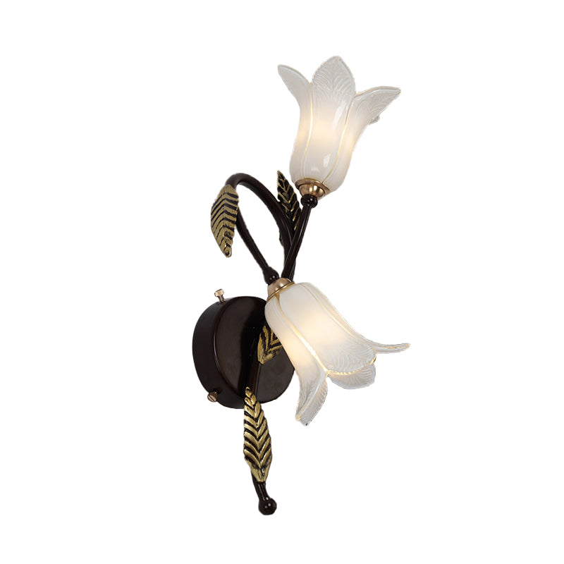 Swooping Arm White/Purple Glass Wall Lamp Countryside 2 Lights Bedroom Sconce Light Fixture in Black/Gold