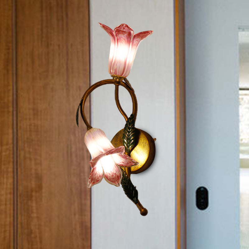 Swooping Arm White/Purple Glass Wall Lamp Countryside 2 Lights Bedroom Sconce Light Fixture in Black/Gold