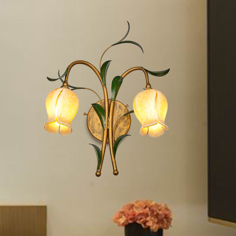 Brass Petal Wall Mount Lighting Rural White/Yellow Glass 2/3 Lights Living Room Sconce Light Fixture