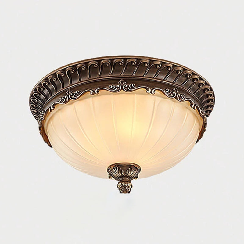 Traditional Classic Bowl Ceiling Light Wrought Iron Indoor Flush Mount with White Glass Shade