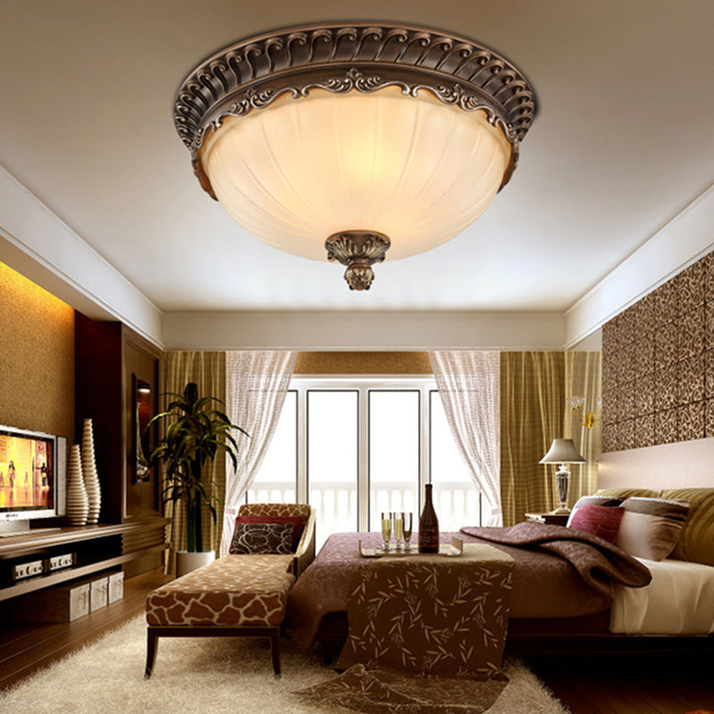 Traditional Classic Bowl Ceiling Light Wrought Iron Indoor Flush Mount with White Glass Shade