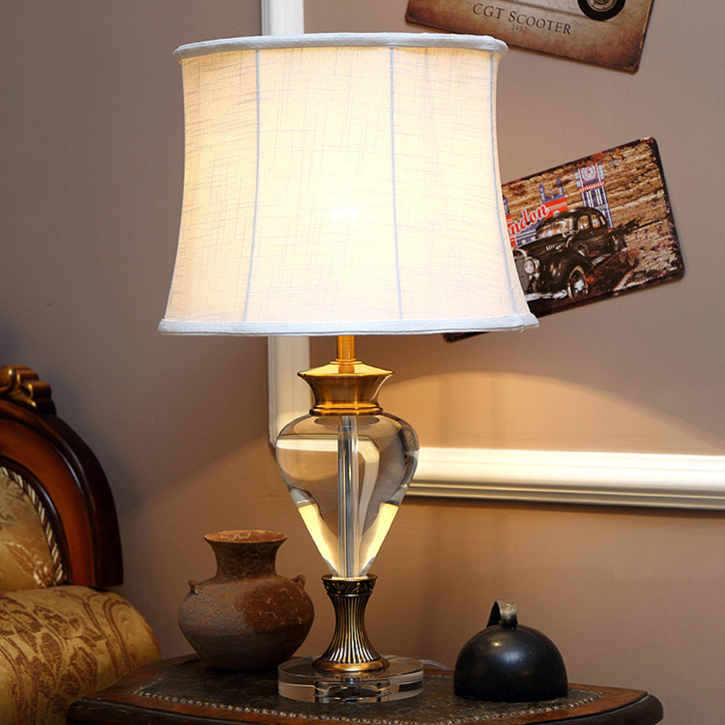 Minimalism Oval Night Lamp 1 Light Clear Crystal Nightstand Light in Beige with Fabric Shade