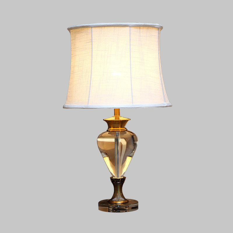 Minimalism Oval Night Lamp 1 Light Clear Crystal Nightstand Light in Beige with Fabric Shade