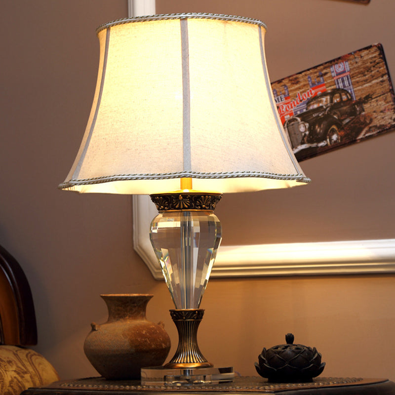1 Light Bell Nightstand Light Countryside Beige Fabric Table Lamp with Clear Crystal Accent