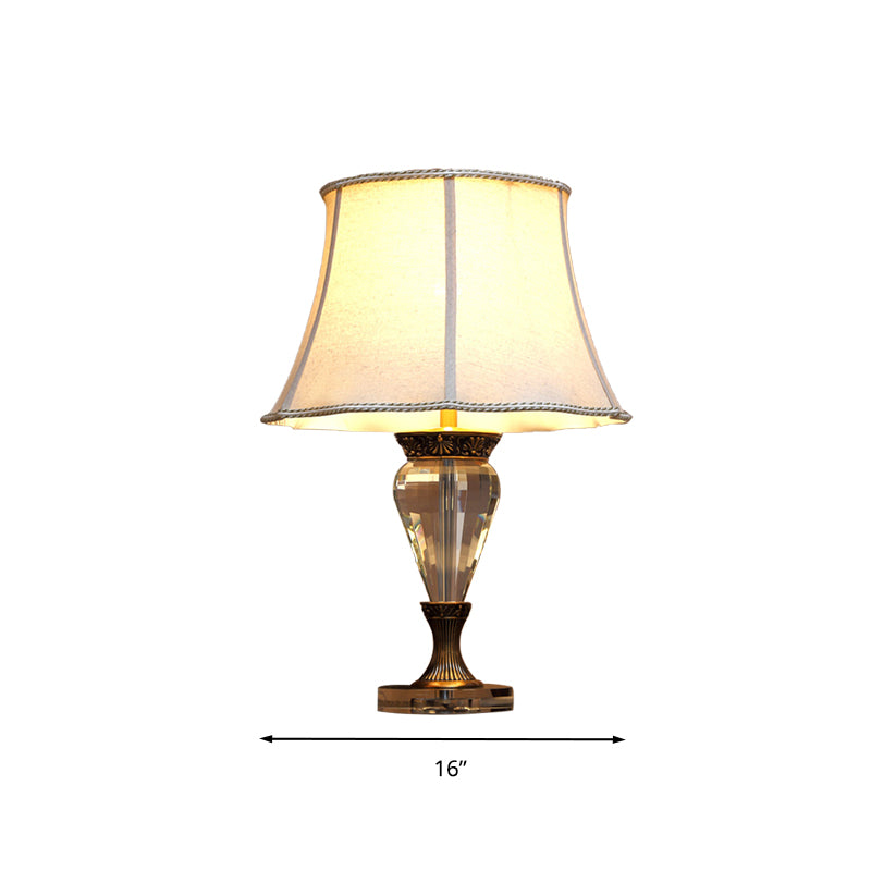 1 Light Bell Nightstand Light Countryside Beige Fabric Table Lamp with Clear Crystal Accent