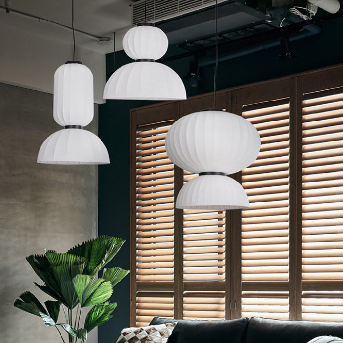 White Geometric Silk Pendant Light Nordic Modern Down Lighting for Living Room