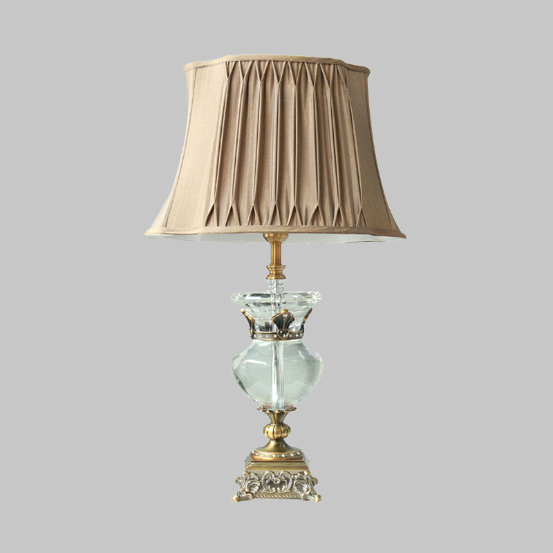 Lámpara de mesita de noche de sombra plisada Luz de mesa de color marrón claro rústico con acento de cristal