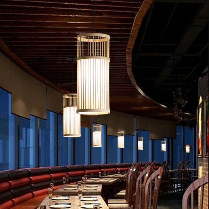 1-Light Bamboo Suspended Lighting Fixture Japanese Pendant Light Kit for Living Room