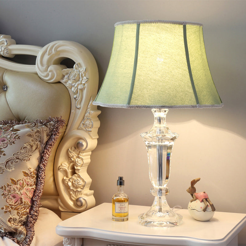 1 Light Paneled Bell Table Lamp Rustic Green Fabric Night Light for Bedroom with Crystal Base